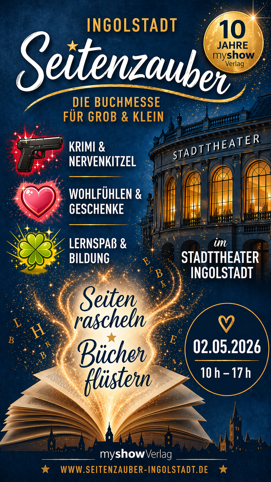 Plakat Buchmesse Ingolstadt 2026 Seitenzauber im Stadttheater mit Krimi, Wohlfühlbüchern und Bildungsangeboten