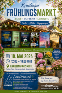 Frühlingsmarkt Krailling Bücherstand mit Romanen, Krimis, Fußball Kurzgeschichten und Blütenfotos