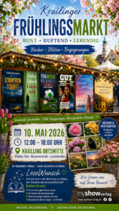 Frühlingsmarkt Krailling Bücherstand mit Romanen, Krimis, Fußball Kurzgeschichten und Blütenfotos