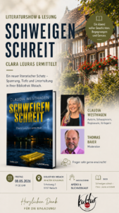 Plakat zur Lesung „Schweigen schreit – Clara Leuras ermittelt“ mit Claudia Westhagen in der Bibliothek Weiach am 08.05.2026 mit Moderation von Thomas Baier