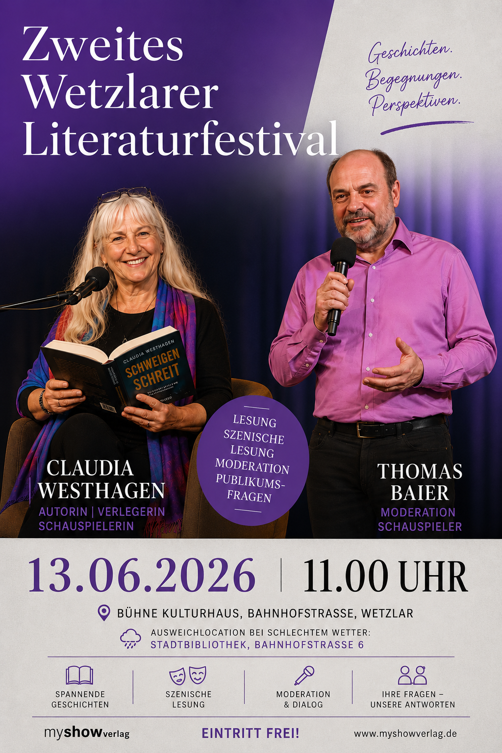 Claudia Westhagen liest aus ihrem Thriller „Schweigen schreit“, während Moderator Thomas Baier durch die Veranstaltung beim Zweiten Wetzlarer Literaturfestival führt.